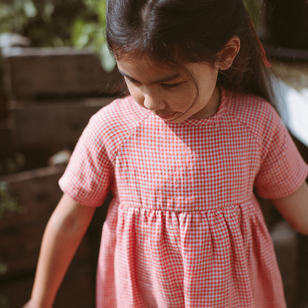 Hopscotch Dress - Strawberry & Oat Mini Check Linen for toddlers and kids/children