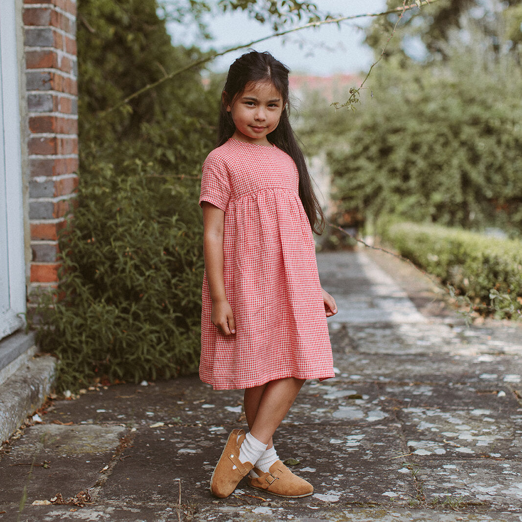 Hopscotch Dress - Strawberry & Oat Mini Check Linen for toddlers and kids/children