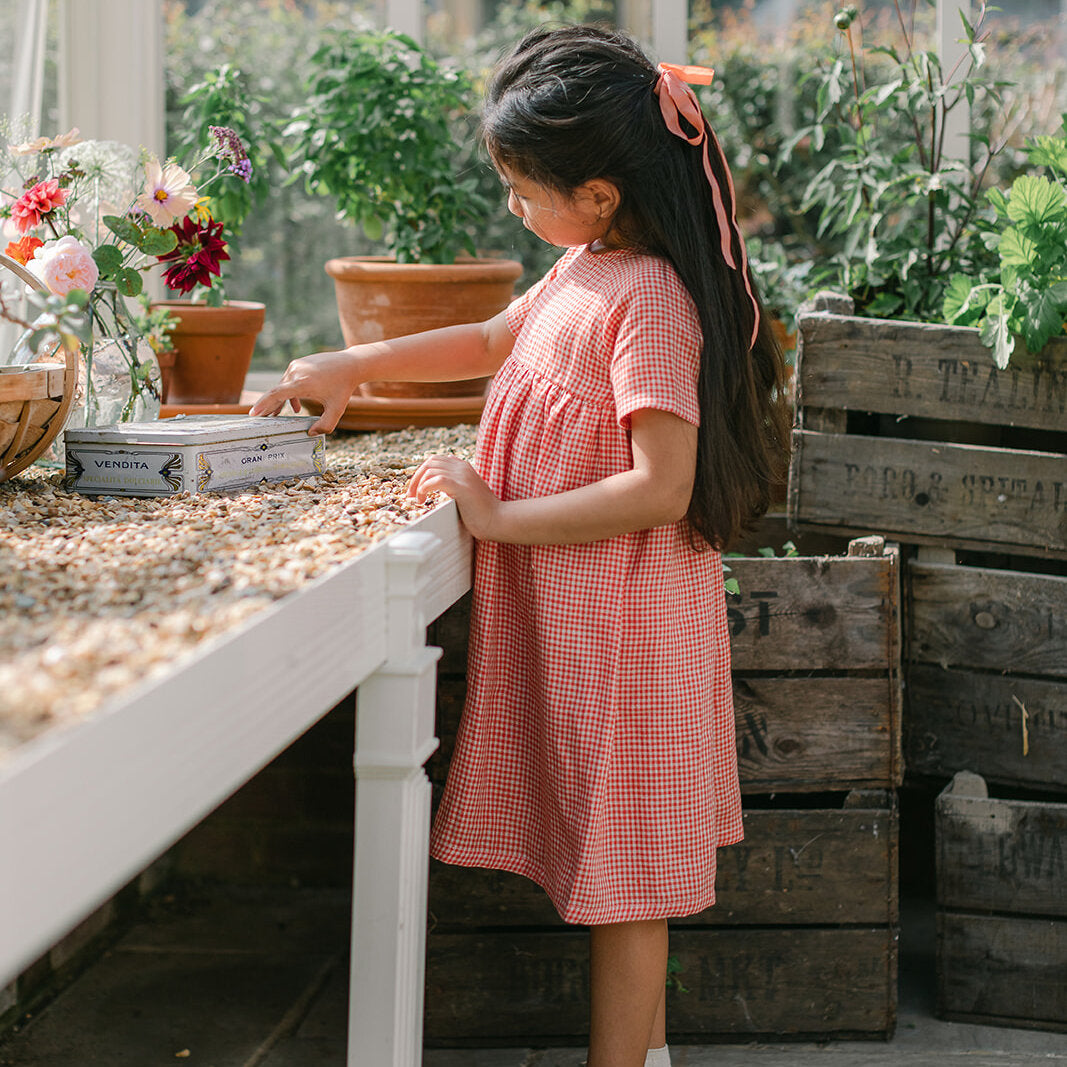 Hopscotch Dress - Strawberry & Oat Mini Check Linen for toddlers and kids/children