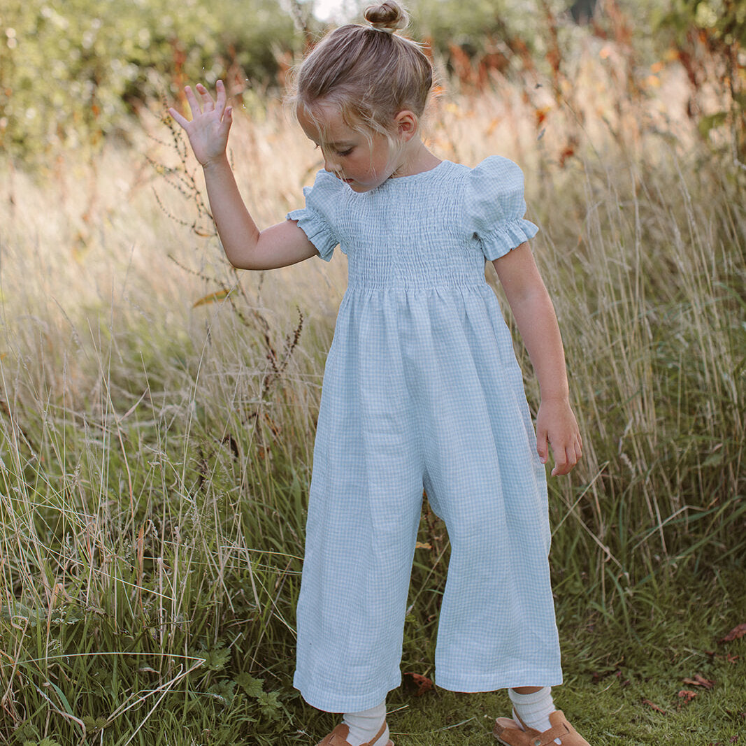 Jumping Jack Jumpsuit - Baby Blue & Milk Mini Check Linen from Nellie Quats for toddlers, kids/children