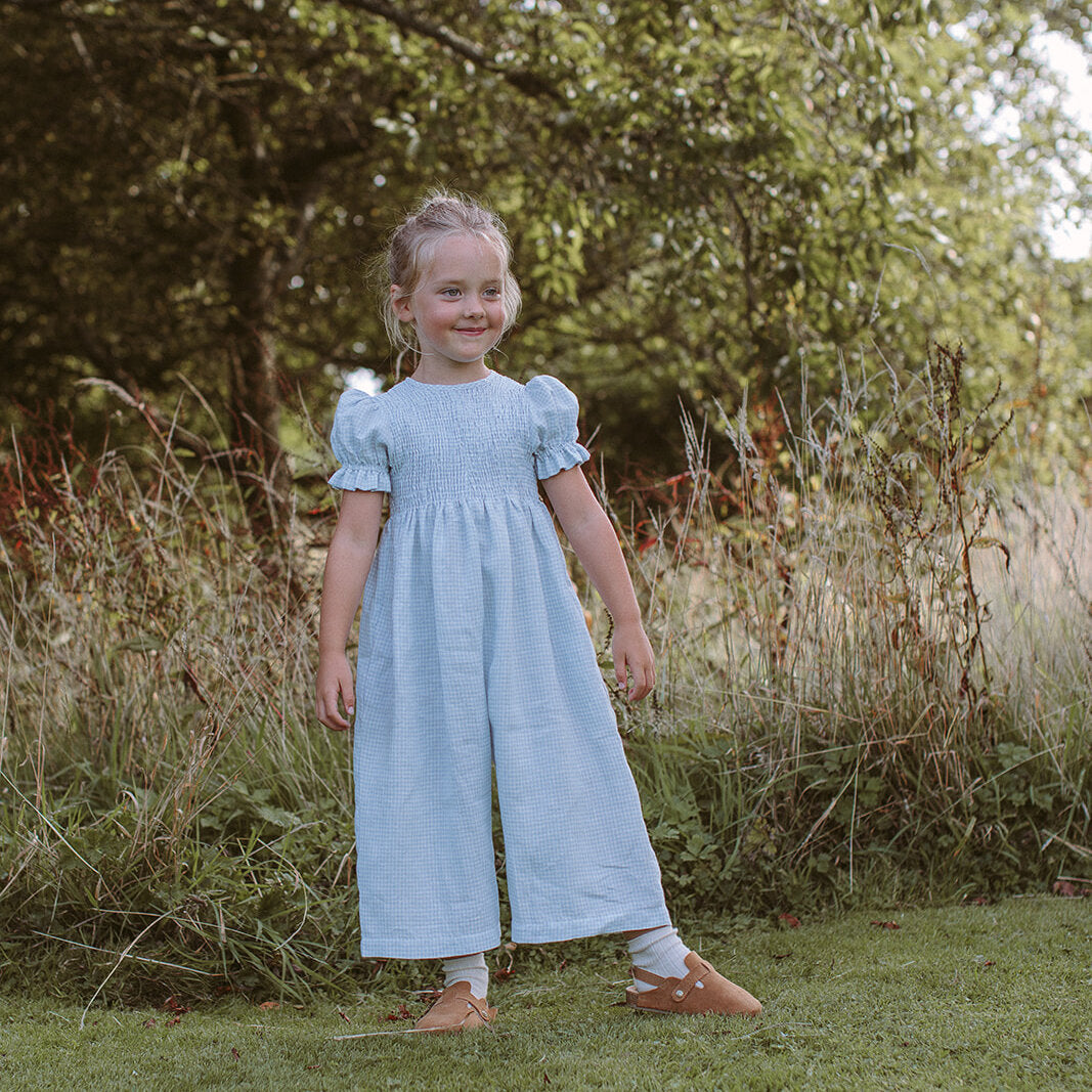 Jumping Jack Jumpsuit - Baby Blue & Milk Mini Check Linen from Nellie Quats for toddlers, kids/children