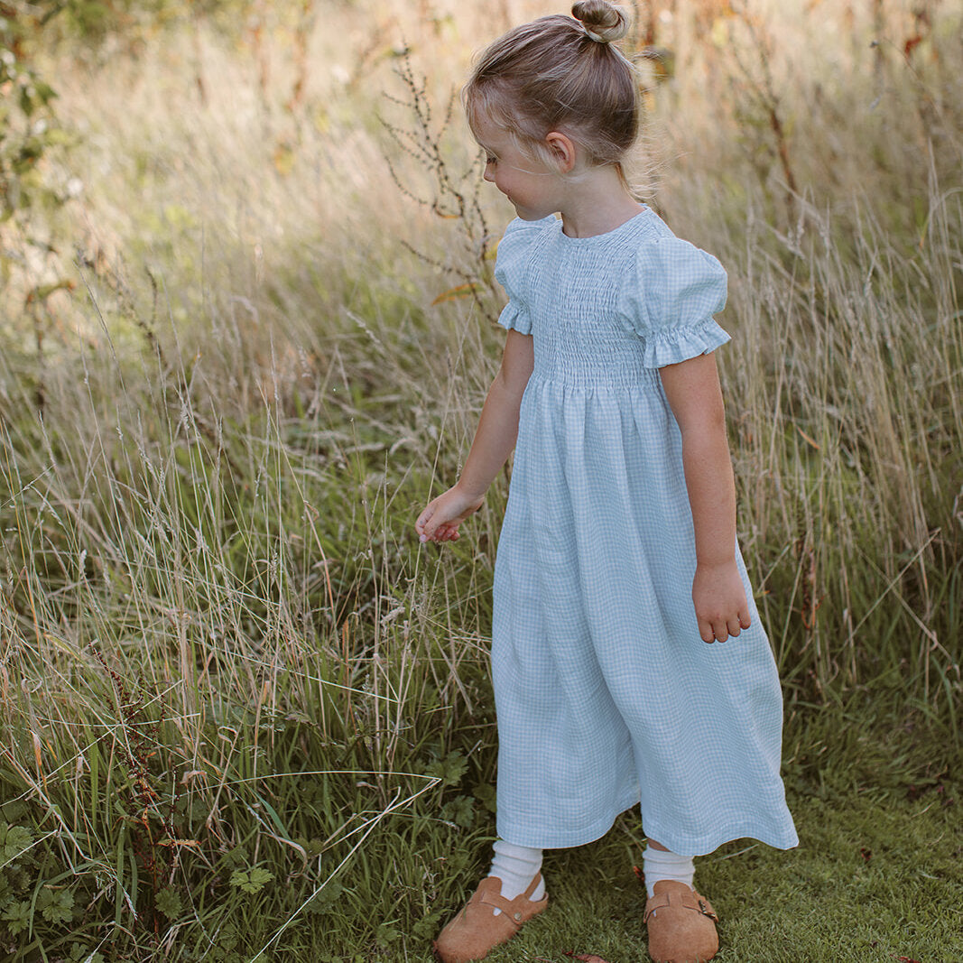 Jumping Jack Jumpsuit - Baby Blue & Milk Mini Check Linen from Nellie Quats for toddlers, kids/children