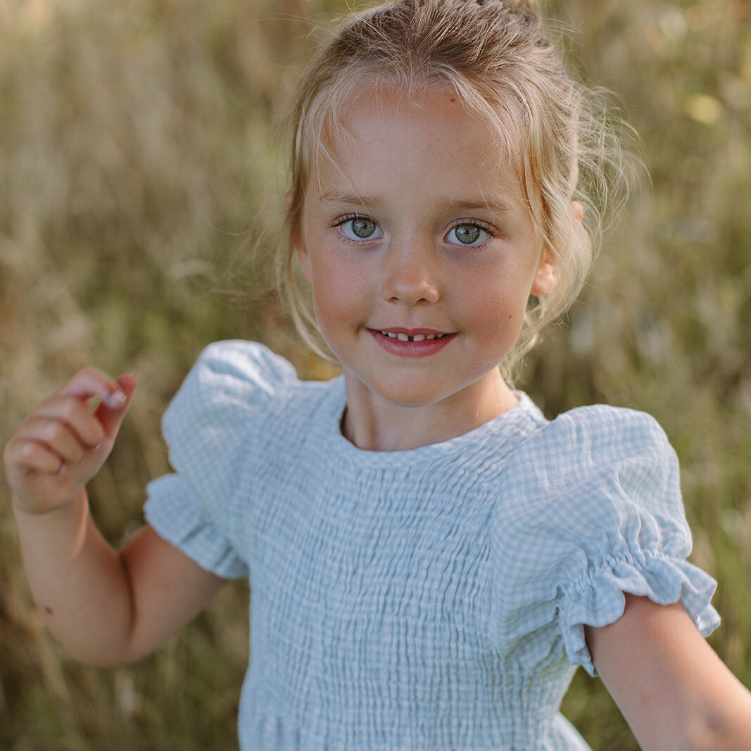 Jumping Jack Jumpsuit - Baby Blue & Milk Mini Check Linen from Nellie Quats for toddlers, kids/children