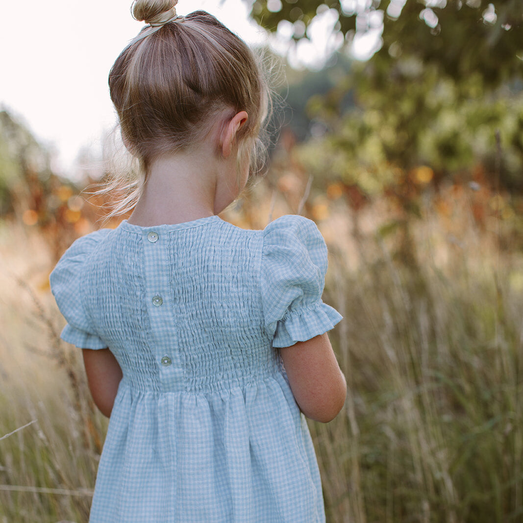 Jumping Jack Jumpsuit - Baby Blue & Milk Mini Check Linen from Nellie Quats for toddlers, kids/children