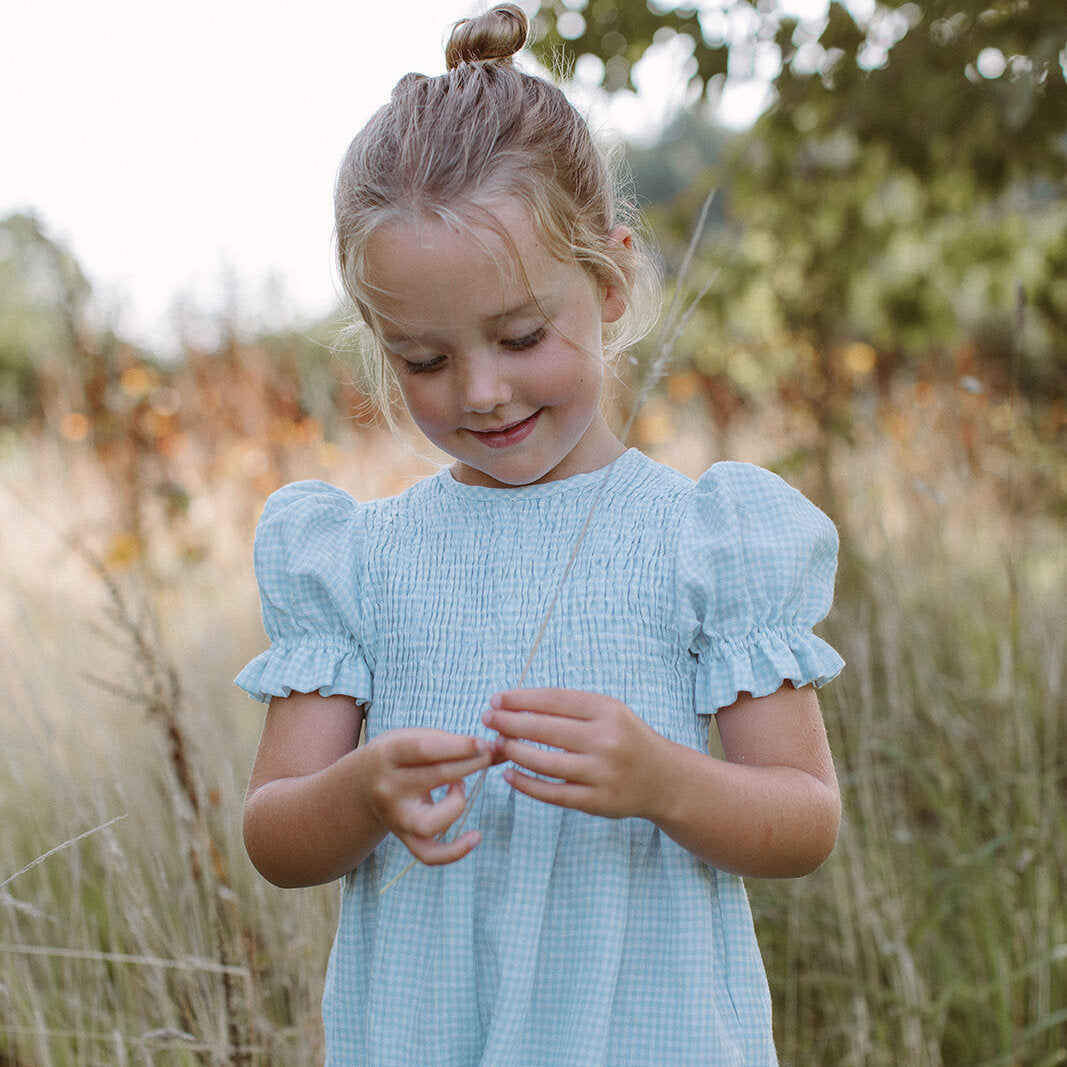 Jumping Jack Jumpsuit - Baby Blue & Milk Mini Check Linen from Nellie Quats for toddlers, kids/children