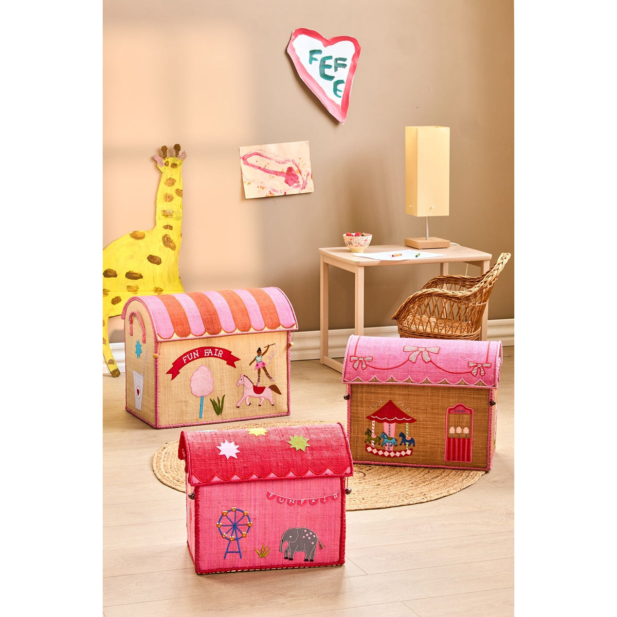 Rice Raffia Toy Storage Basket: Pink Funfair - Medium