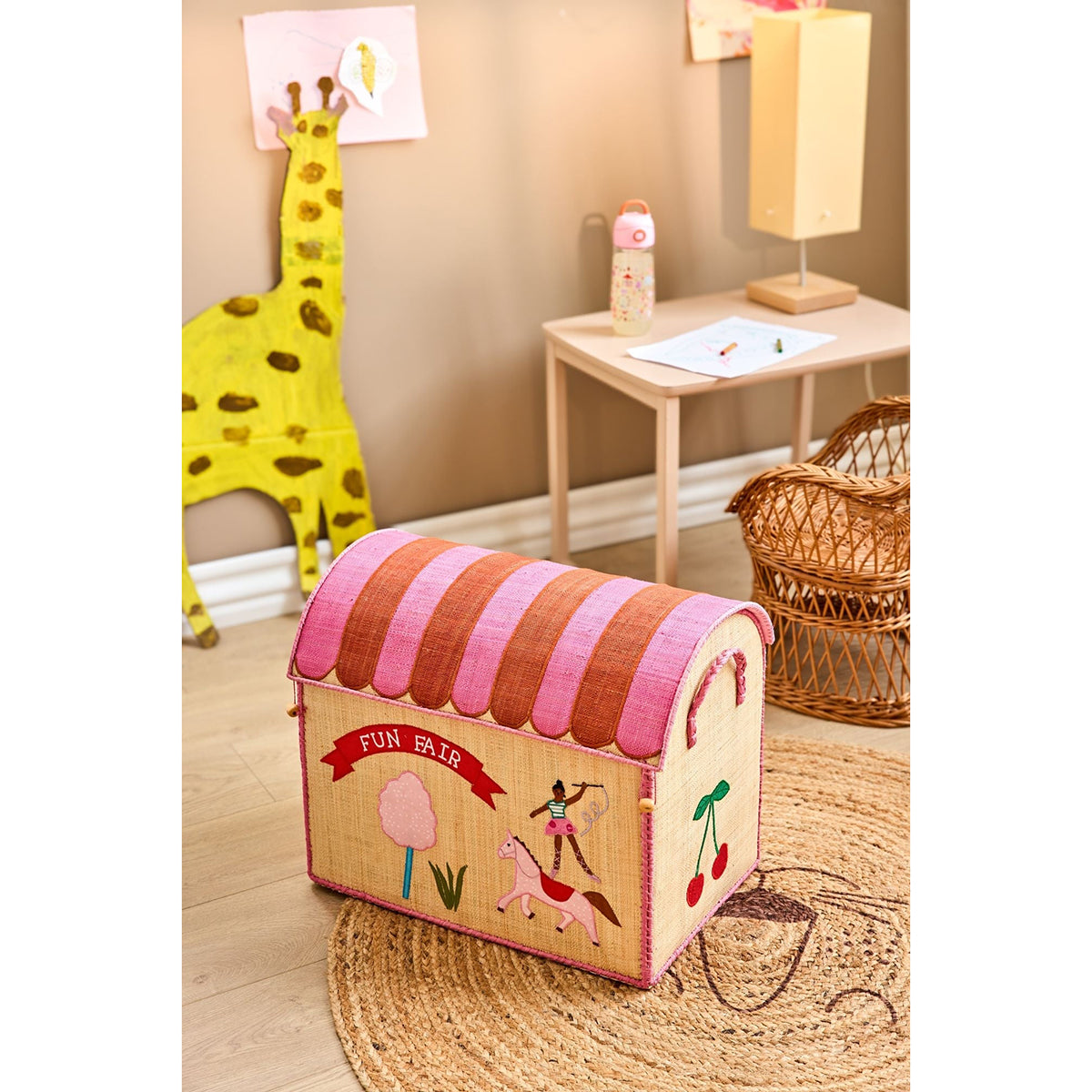 Rice Raffia Toy Storage Basket: Pink Funfair - Large
