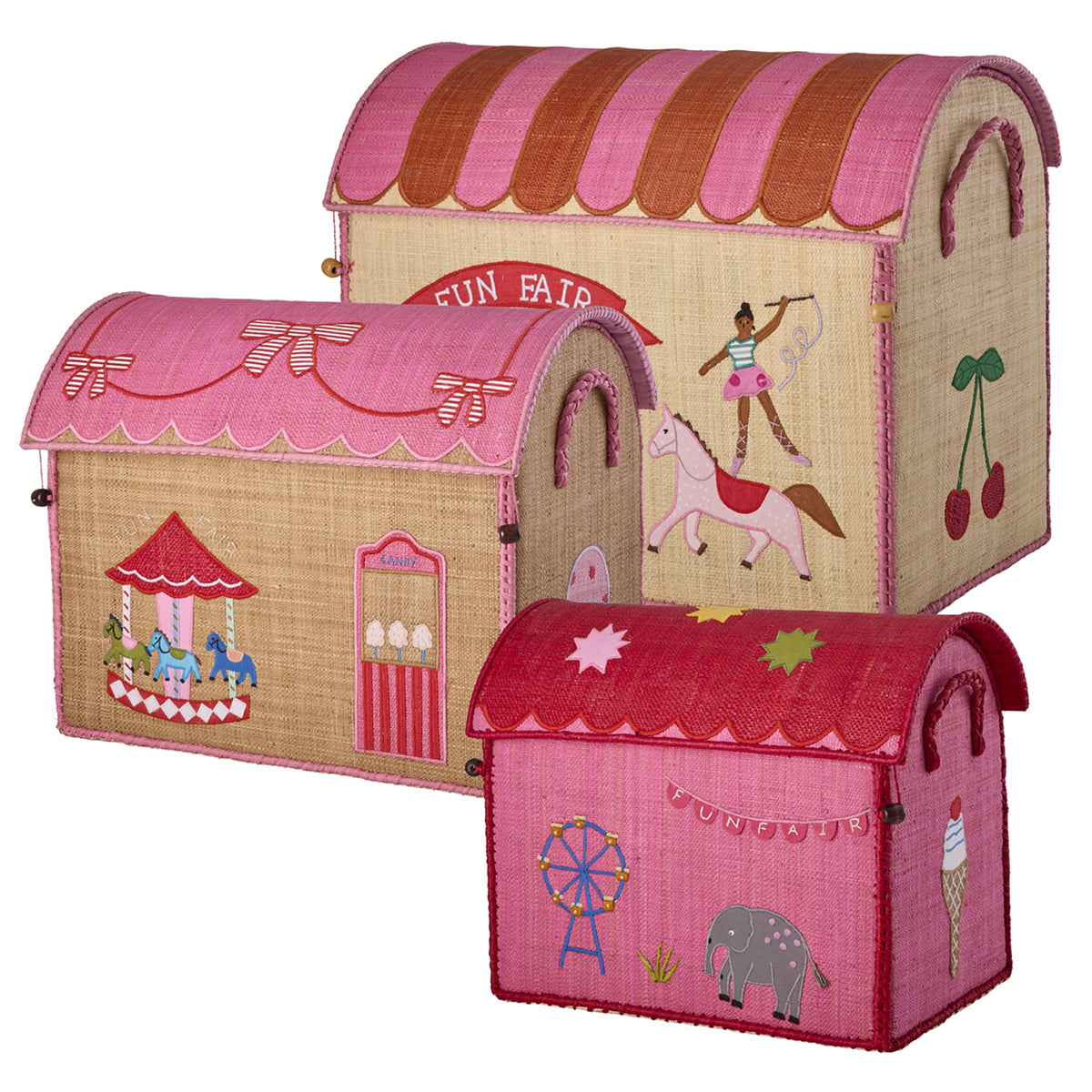 Rice Raffia Toy Storage Basket: Pink Funfair - Small