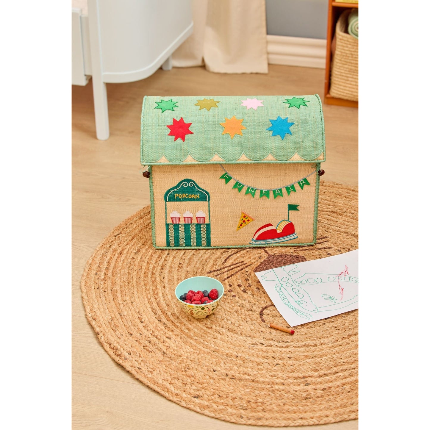 Rice Raffia Toy Storage Basket: Mint Funfair - Medium