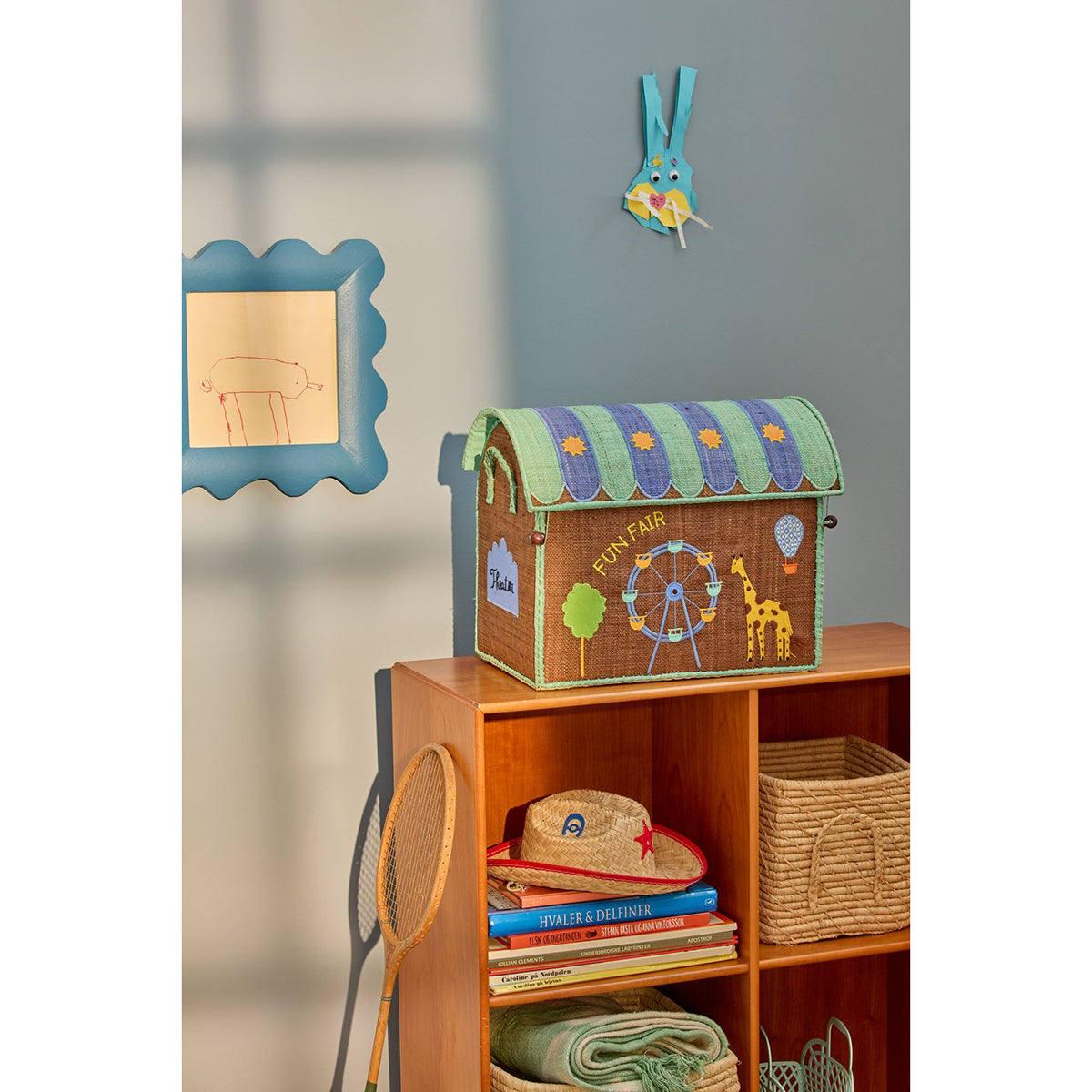 Rice Raffia Toy Storage Basket: Mint Funfair - Small