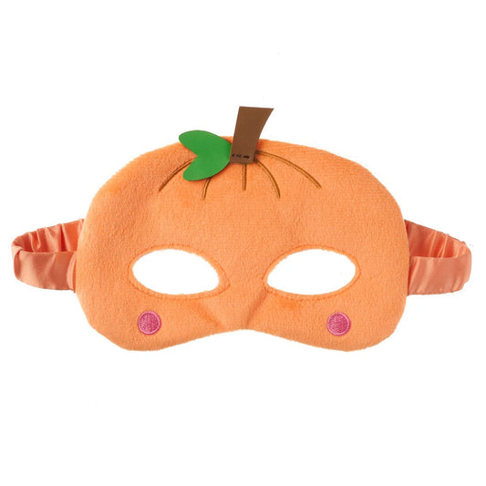 Pumpkin-shaped mask with a green leaf next to a stem on a white background