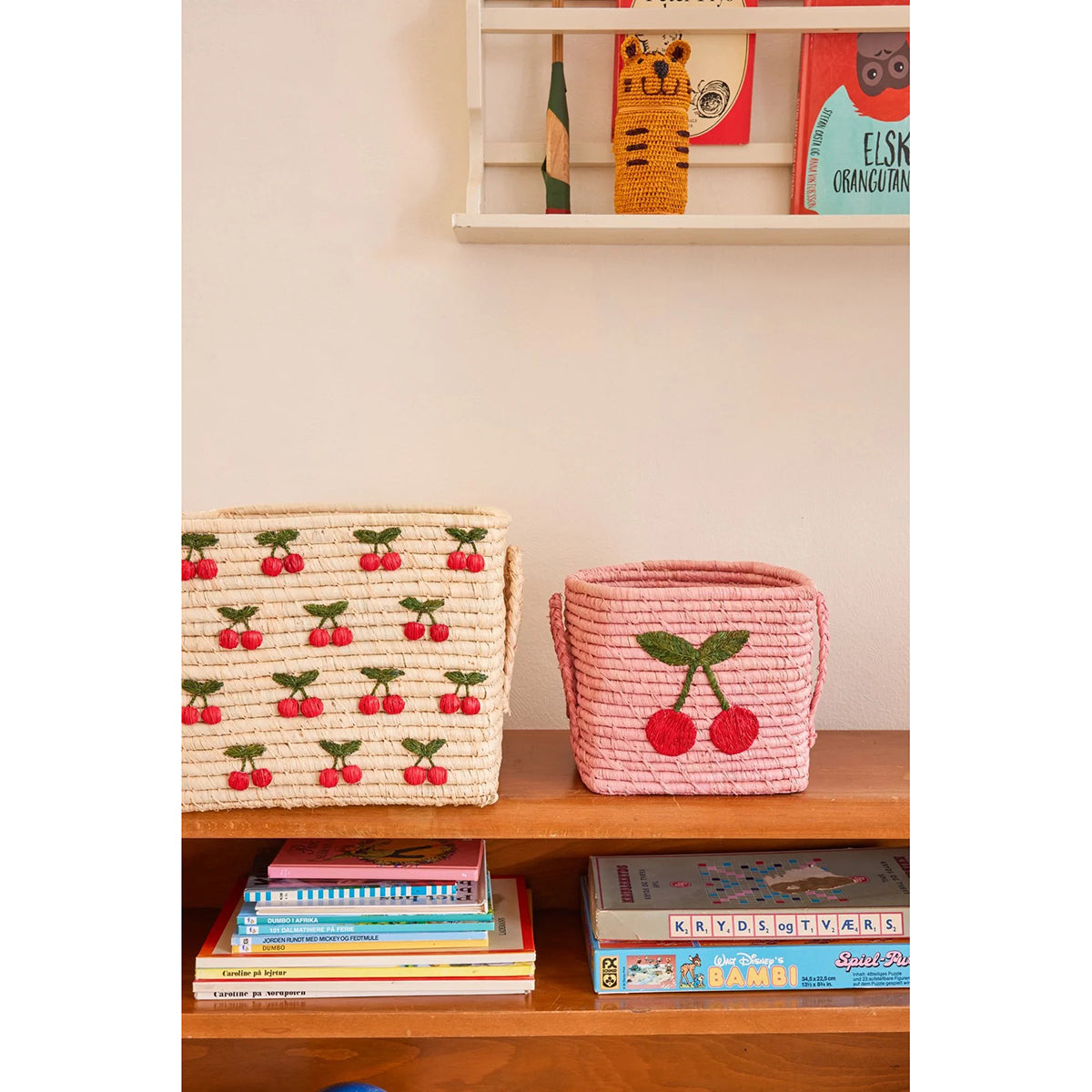 Rice Raffia Square Basket - Pink Cherry