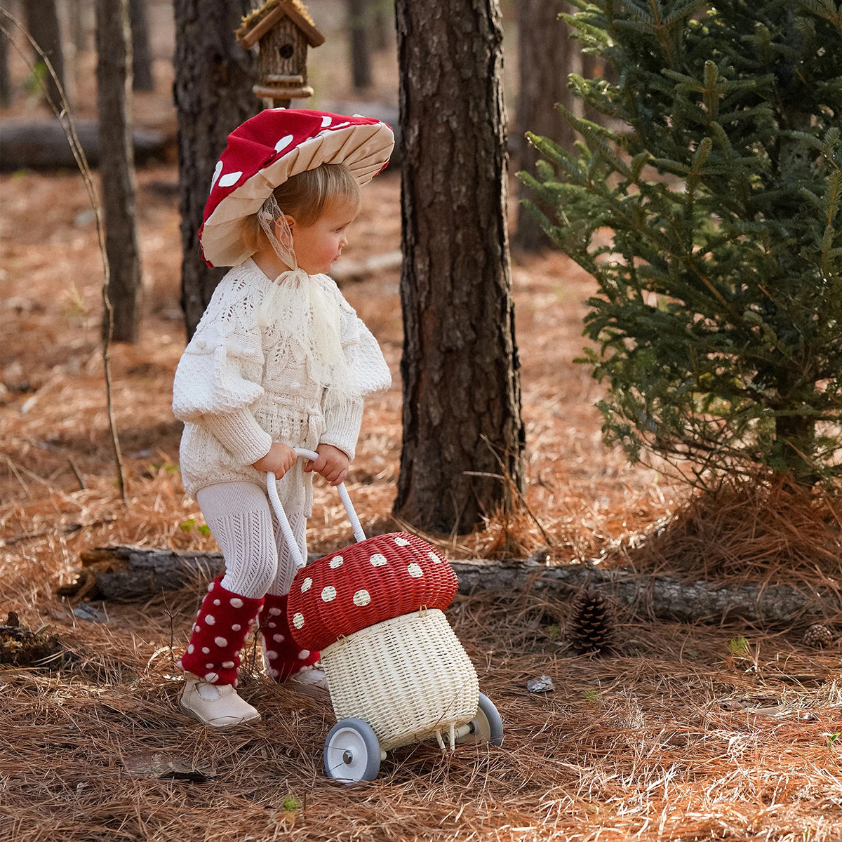 Olli Ella Rattan Mushroom Luggy with handle and wheels