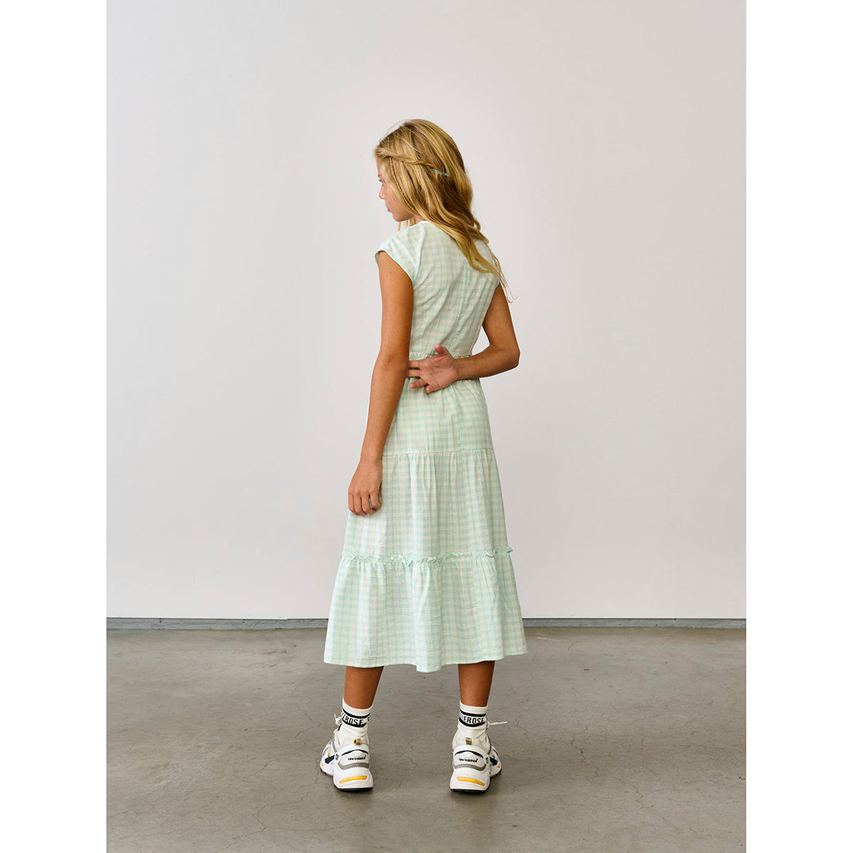 mint gingham long dress with a ruffled trim from bellerose for teens