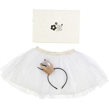 Load image into Gallery viewer, imaginative and creative play with a white tutu and a gold glitter princess crown for kids from obi obi paris