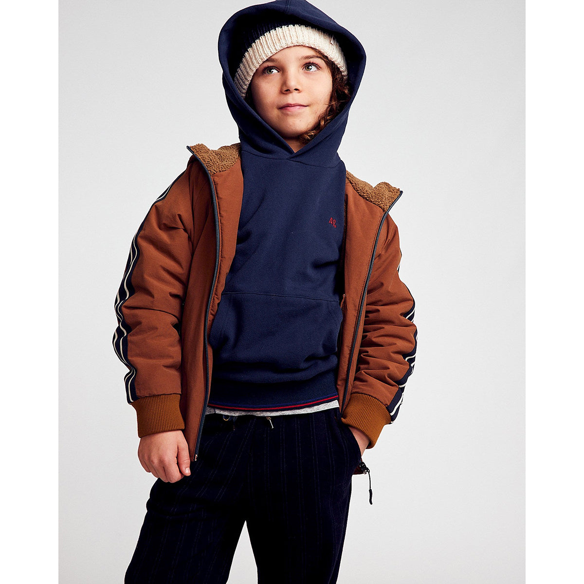 navy blue hudson hoodie sweater logo with front pocket made of high quality recycled cotton for kids/children and teens/teenagers from ao76