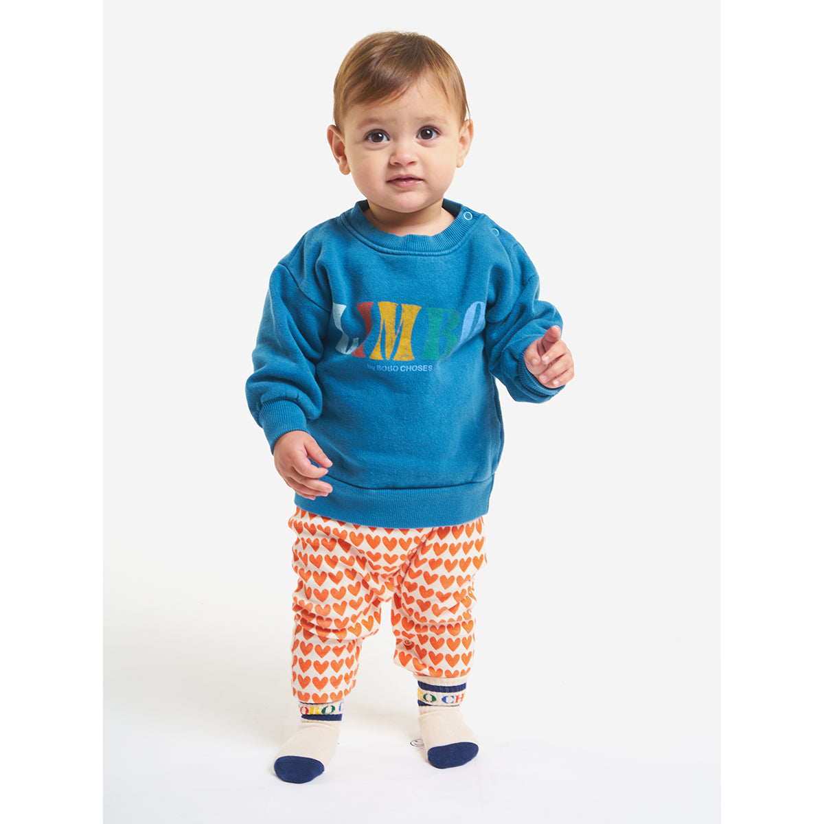 limbo front print on prussian blue sweatshirt with shoulder snap fastening, ribbed cuffs, ribbed bottom and a inner brush fleece from bobo choses for babies and toddlers