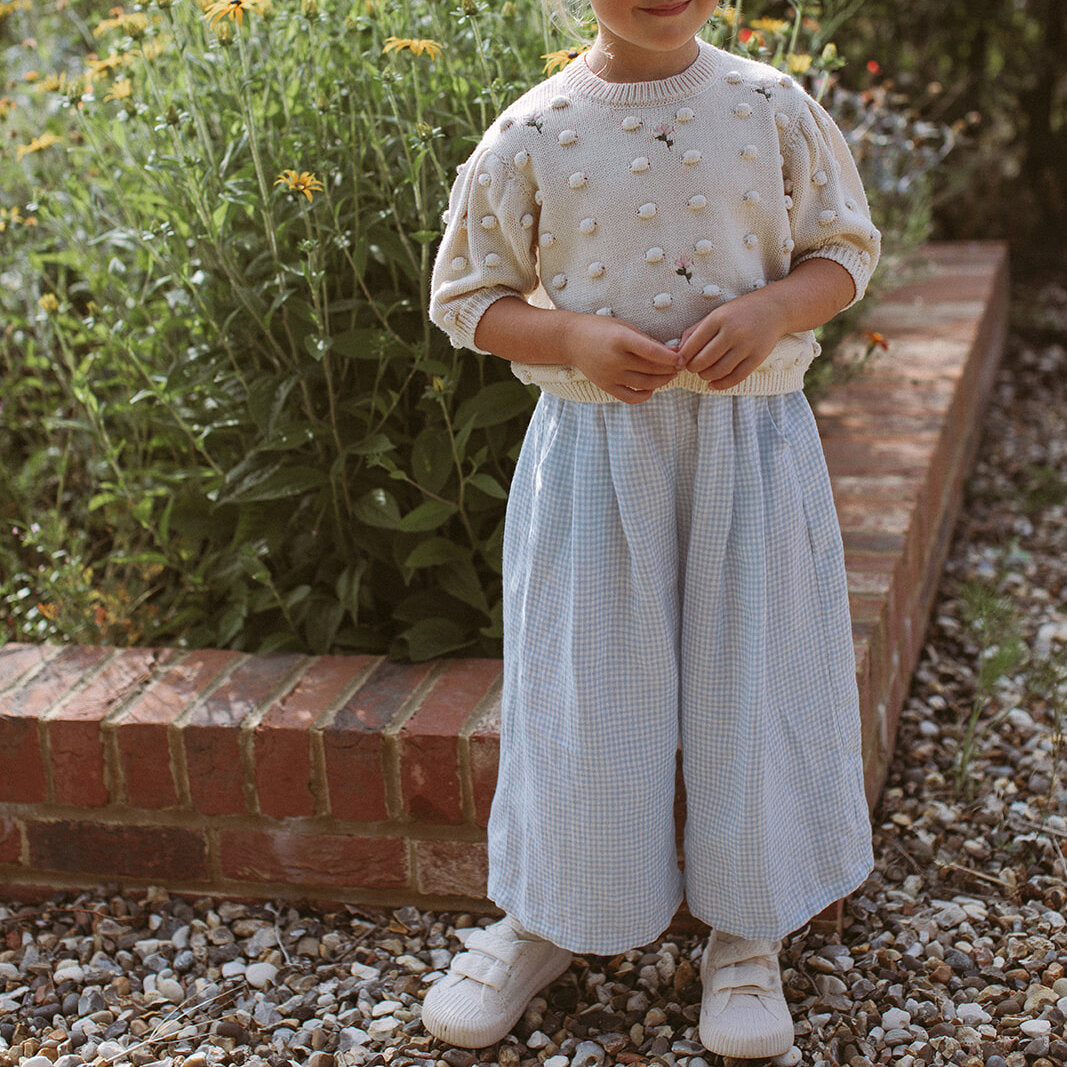 Chess Trousers - Baby Blue & Milk Mini Check Linen from Nellie Quats for babies, toddlers and kids/children