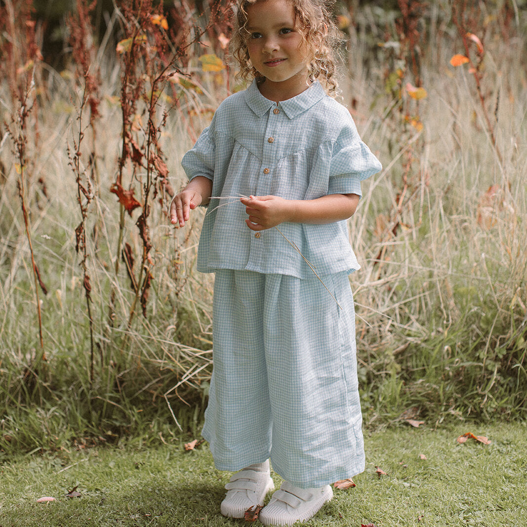Chess Trousers - Baby Blue & Milk Mini Check Linen from Nellie Quats for babies, toddlers and kids/children