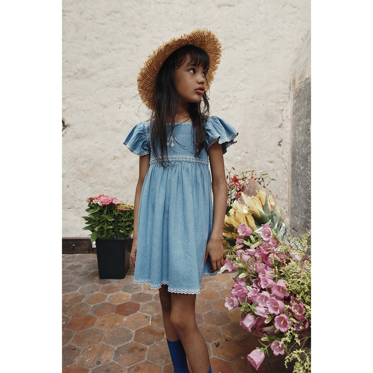 Emile Et Ida Denim Embroidered Dress for toddlers, children/kids and tweens