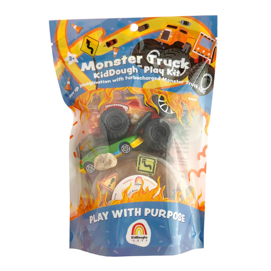 EGKD Monster Truck KidDough Play Kit packaging with toy trucks and flames on a white background