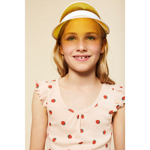 A Monday Alva Top with all over strawberry print and all over hole pattern for kids/children and tweens