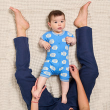 Load image into Gallery viewer, The Bonnie Mob Flipper Fish Knitted Shorty Playsuit in blue for newborns and babies
