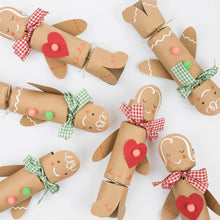 Load image into Gallery viewer, Meri Meri Gingerbread Crackers crafted from kraft paper, with gingham ribbons, pom poms and felt hearts