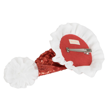 Load image into Gallery viewer, Meri Meri Sequin Santa Hat Hair Clip with off white tulle fringing and off white tulle pom pom