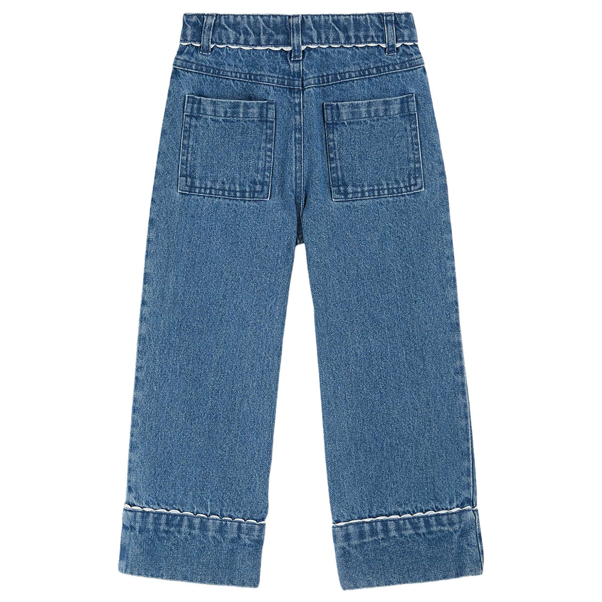 Emile Et Ida Denim Trousers with two front patch pockets embroidered with white cherries for toddlers, kids/children and tweens