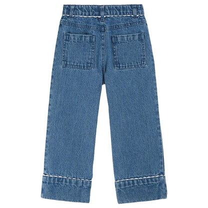 Emile Et Ida Denim Trousers with two front patch pockets embroidered with white cherries for toddlers, kids/children and tweens