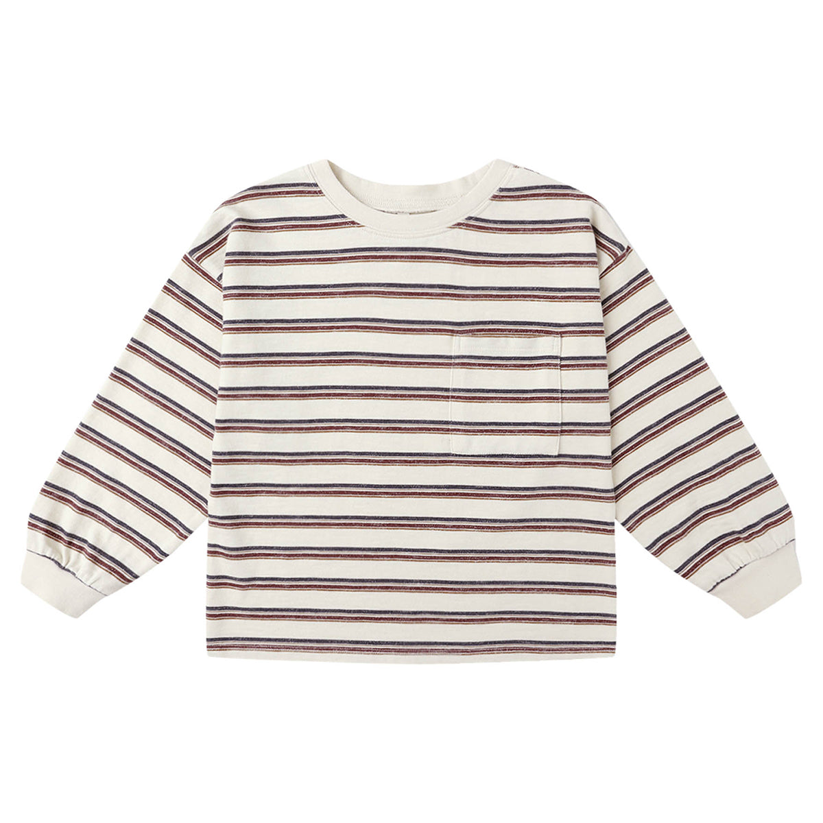 Product picture of a relaxed long sleeve t-shirt with a front chest pocket from Rylee + Cru. The long sleeved tee features Rylee + Cru's ‘vintage stripe’ print in muted blue and red/brown hues on a light beige/off white tee.
