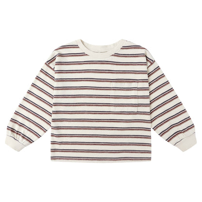 Product picture of a relaxed long sleeve t-shirt with a front chest pocket from Rylee + Cru. The long sleeved tee features Rylee + Cru's ‘vintage stripe’ print in muted blue and red/brown hues on a light beige/off white tee.