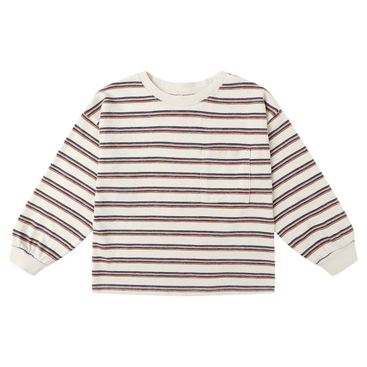 Product picture of a relaxed long sleeve t-shirt with a front chest pocket from Rylee + Cru. The long sleeved tee features Rylee + Cru's ‘vintage stripe’ print in muted blue and red/brown hues on a light beige/off white tee.