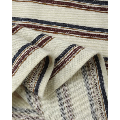 Close-up of Rylee + Cru's 'vintage stripe' print with muted blue and red/brown colours on a light beige/off white tee.