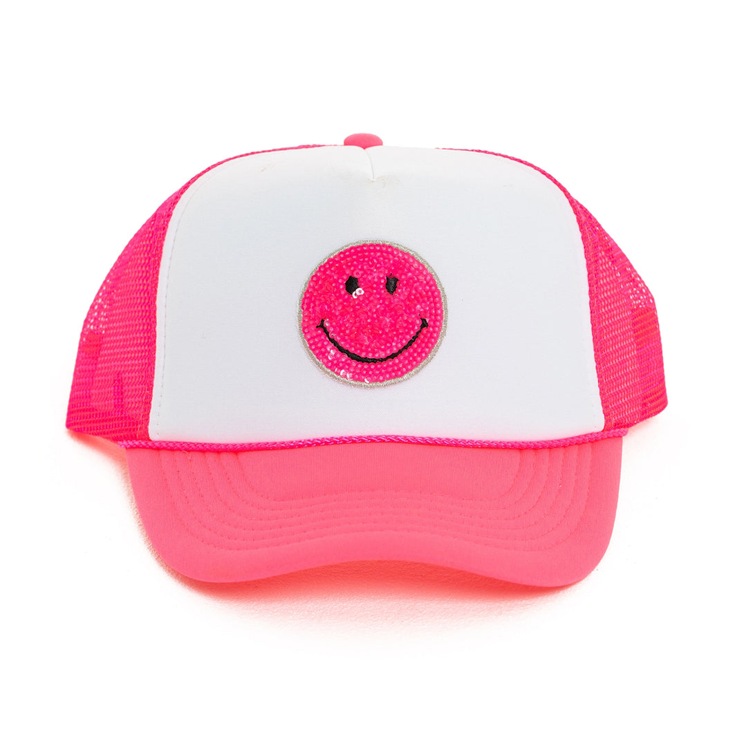 Malibu Sugar Happy Face Trucker Hat in neon pink for kids/children and tweens/teens