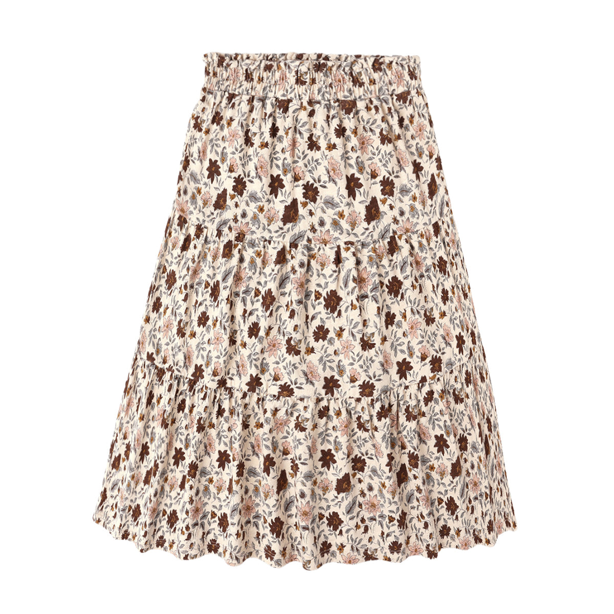 Product picture of a ruffled tiered midi skirt from Rylee + Cru with all-over floral print in muted red/brown, pink, yellow and blue colours on a light beige background