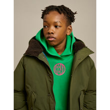 Load image into Gallery viewer, Classic, straight-fit hooded Horwin coat with raglan sleeves in moss green from Bellerose for kids, tweens and teens