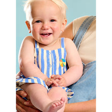 Load image into Gallery viewer, The Bonnie Mob Cayman Dungaree Shorts in Printed in painted blue stripes with a rainbow parasol motif for babies and toddlers