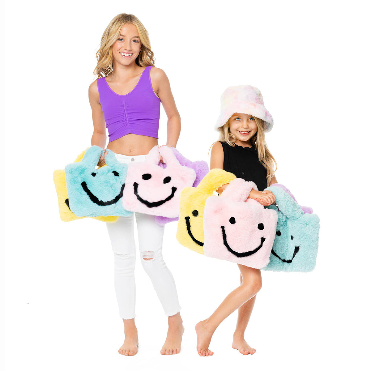 Malibu Sugar Faux Fur Fuzzy Happy Face Purse in yellow