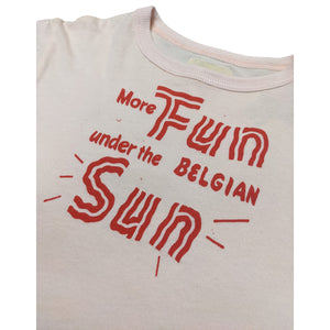 ayo short-sleeved t-shirt in the rose/light pink with "more fun under the belgian sun" front print from bellerose for toddlers and kids/children