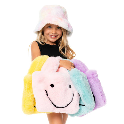 Malibu Sugar Faux Fur Fuzzy Happy Face Purse in pink