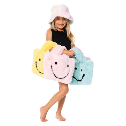 Malibu Sugar Faux Fur Fuzzy Happy Face Purse with chain strap