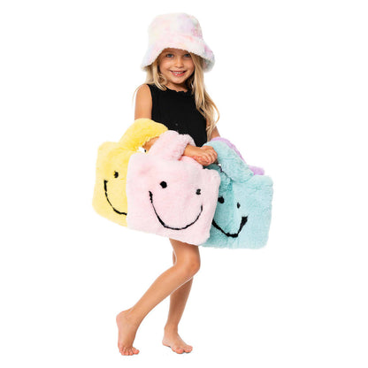 Malibu Sugar Faux Fur Fuzzy Happy Face Purse with chain strap