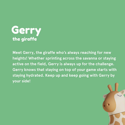 Giraffe water bottle with text about 'Gerry the giraffe' on a green background