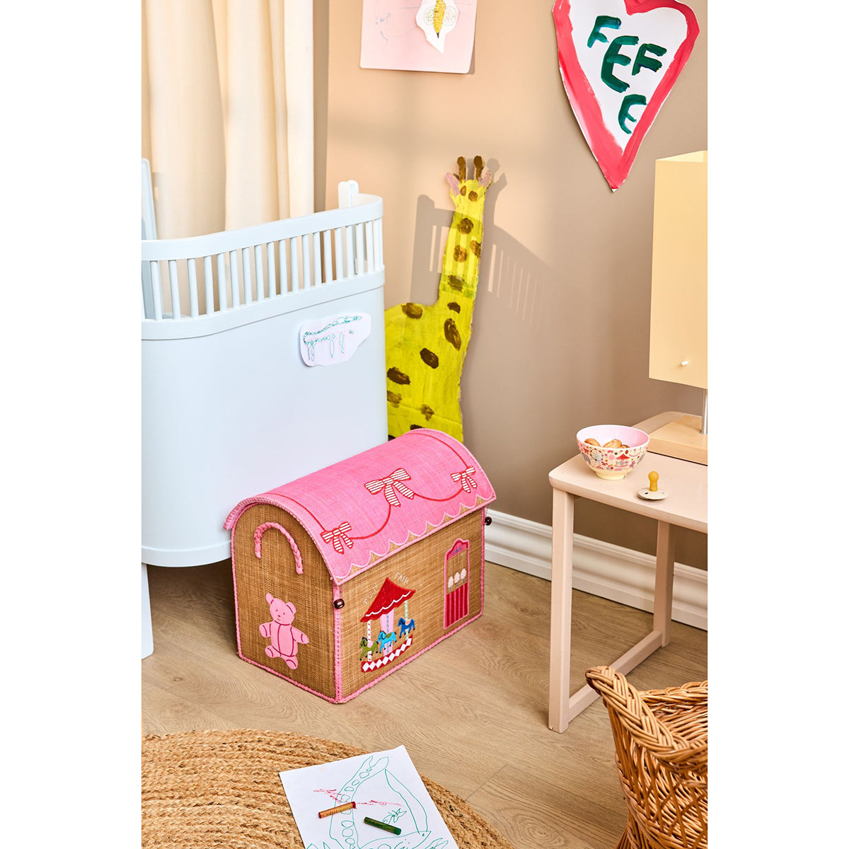 Rice Raffia Toy Storage Basket: Pink Funfair - Medium