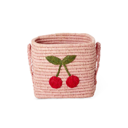 Rice Raffia Square Basket - Pink Cherry
