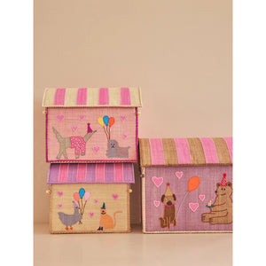 Rice Raffia Toy Storage Basket: Pink Party Animal Theme 