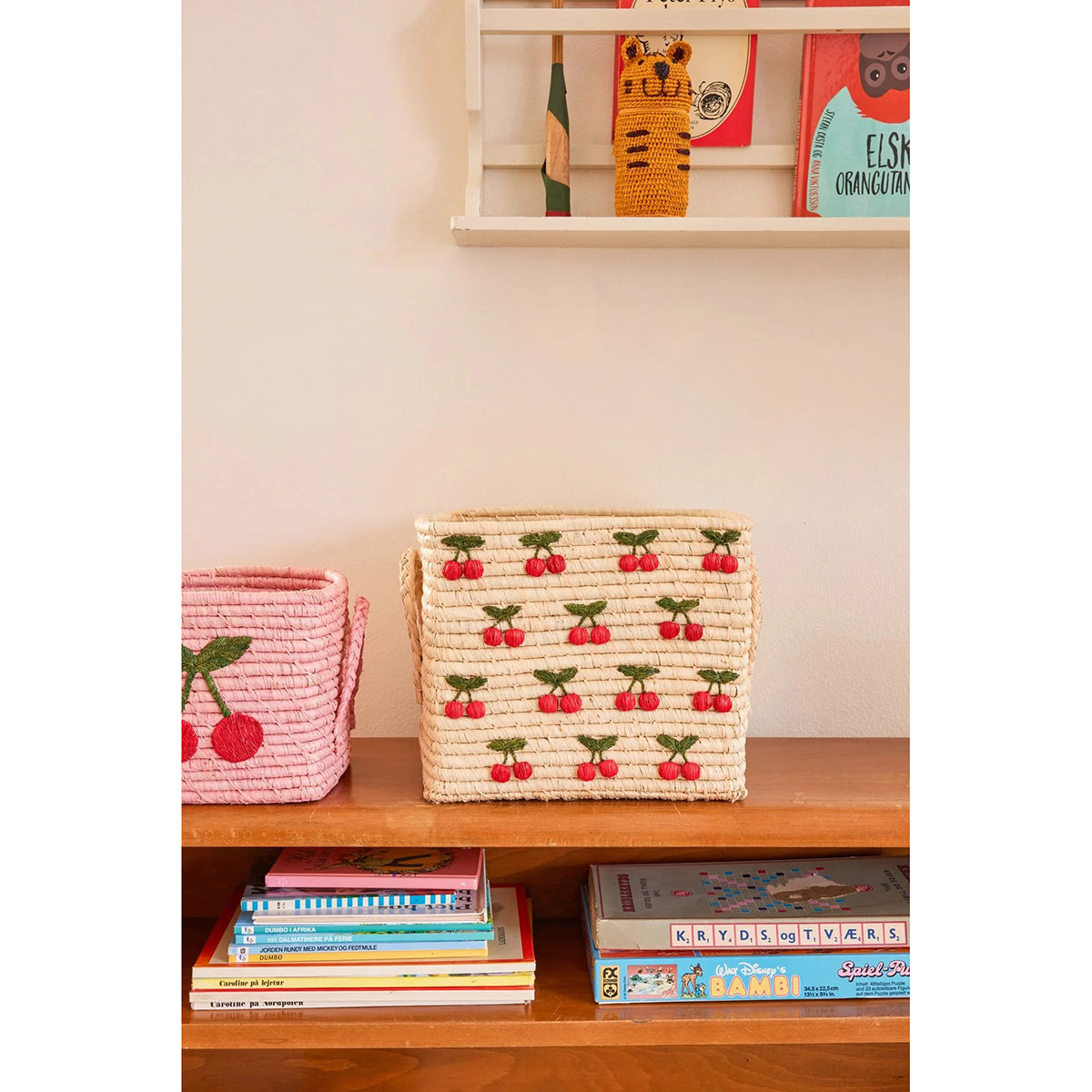 Rice Raffia Square Basket - Small Cherries