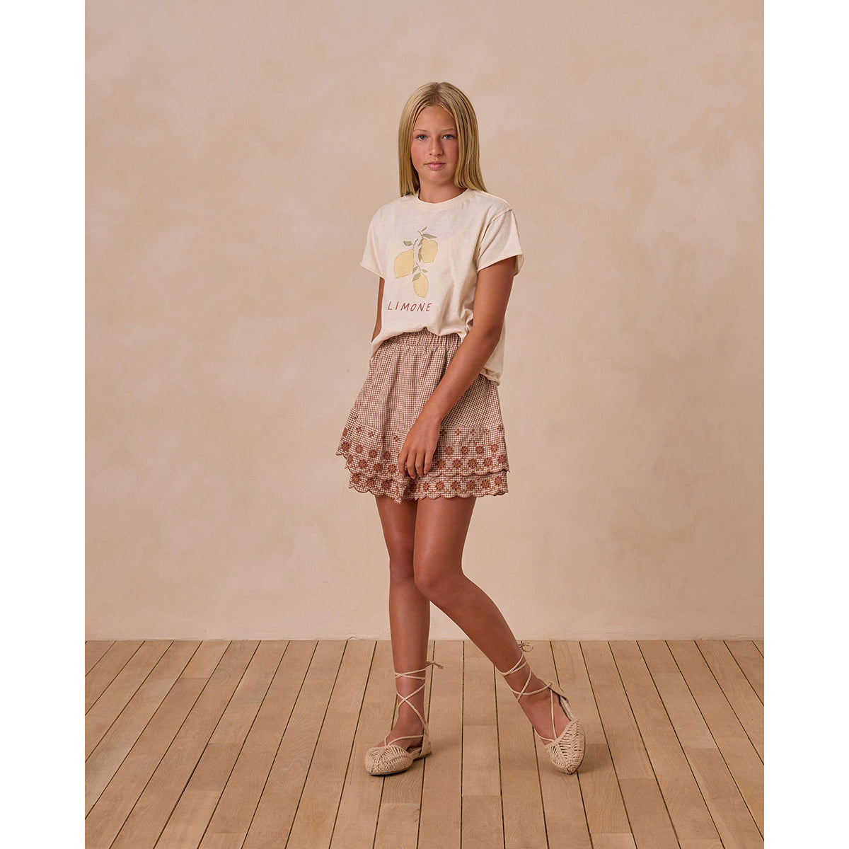 Gingham mini skirt with floral embroidery at the hems from Rylee + Cru for tweens and teens/teenagers